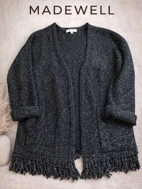 Madewell Fringe Hem Open Front Cardigan Chunky Knit Boho Cozy Textured Sweater